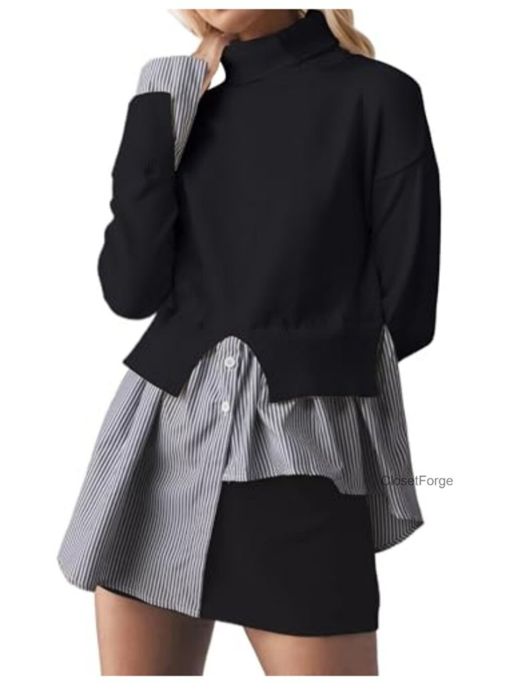 Patchwork Slit Turtleneck Sweater 2 in 1 Buttons Down Pullover Asymmetrical Hem